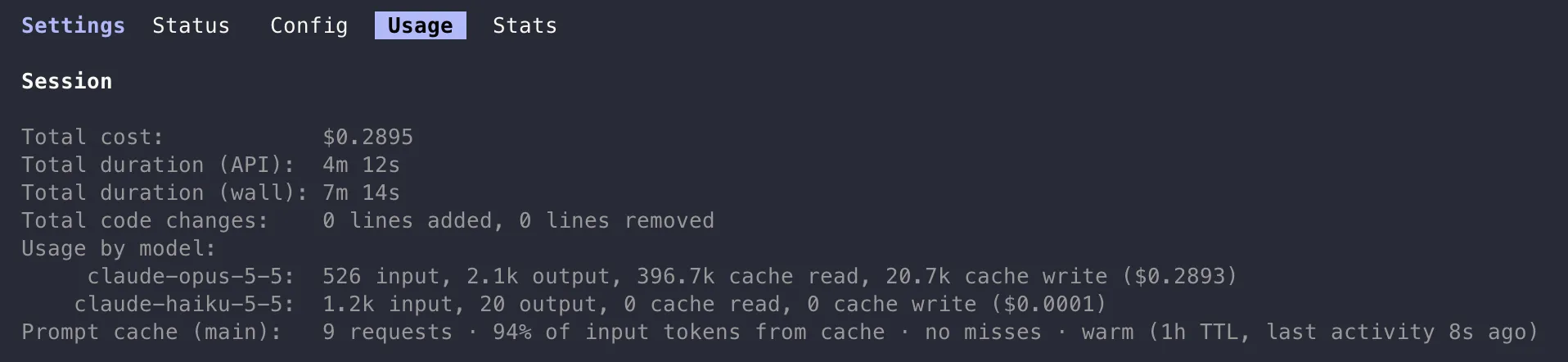 Sortie de /usage dans le terminal : claude-opus-5-5 avec 526 input, 2.1k output, 396.7k cache read, 20.7k cache write (0,2893 $), et Prompt cache (main) : 9 requêtes, 94 % des tokens d'entrée depuis le cache, aucun raté, chaud (TTL 1h)
